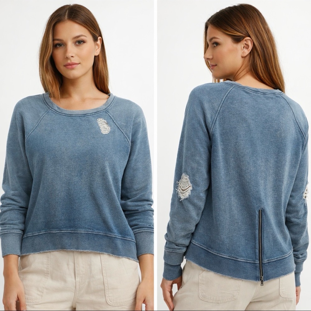 PAM & GELA DISTRESSED HI LOW SWEATSHIRT BACK ZIP DESIGNER LA CASUAL MEDIUM